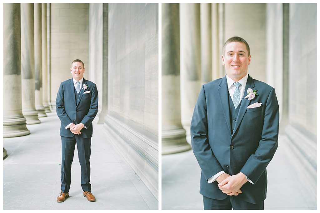 A groom posing for portraits at Carnegie Library in Pittsburgh.