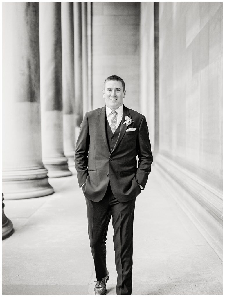 A black and white image of a Pittsburgh groom on his wedding day.