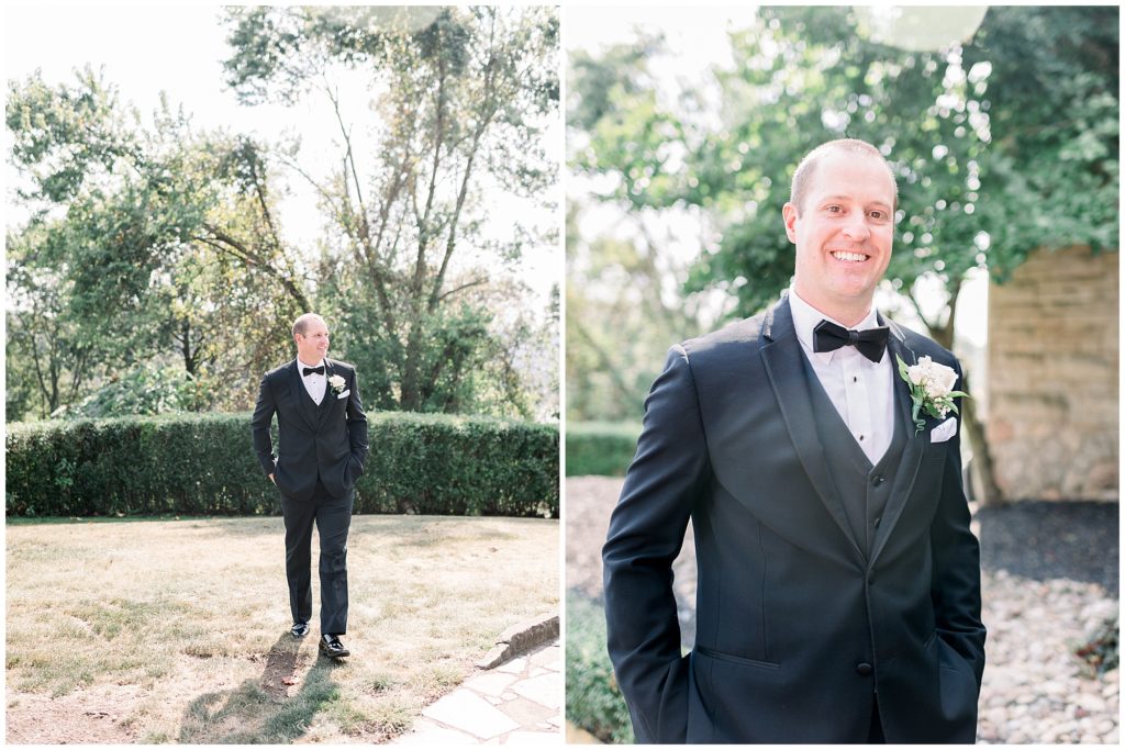 a portrait of a groom at williams country club on his wedding day