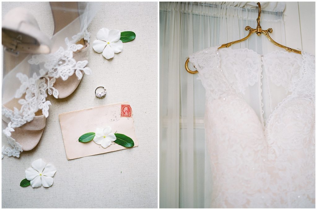 photo of wedding details including shoes and a dress